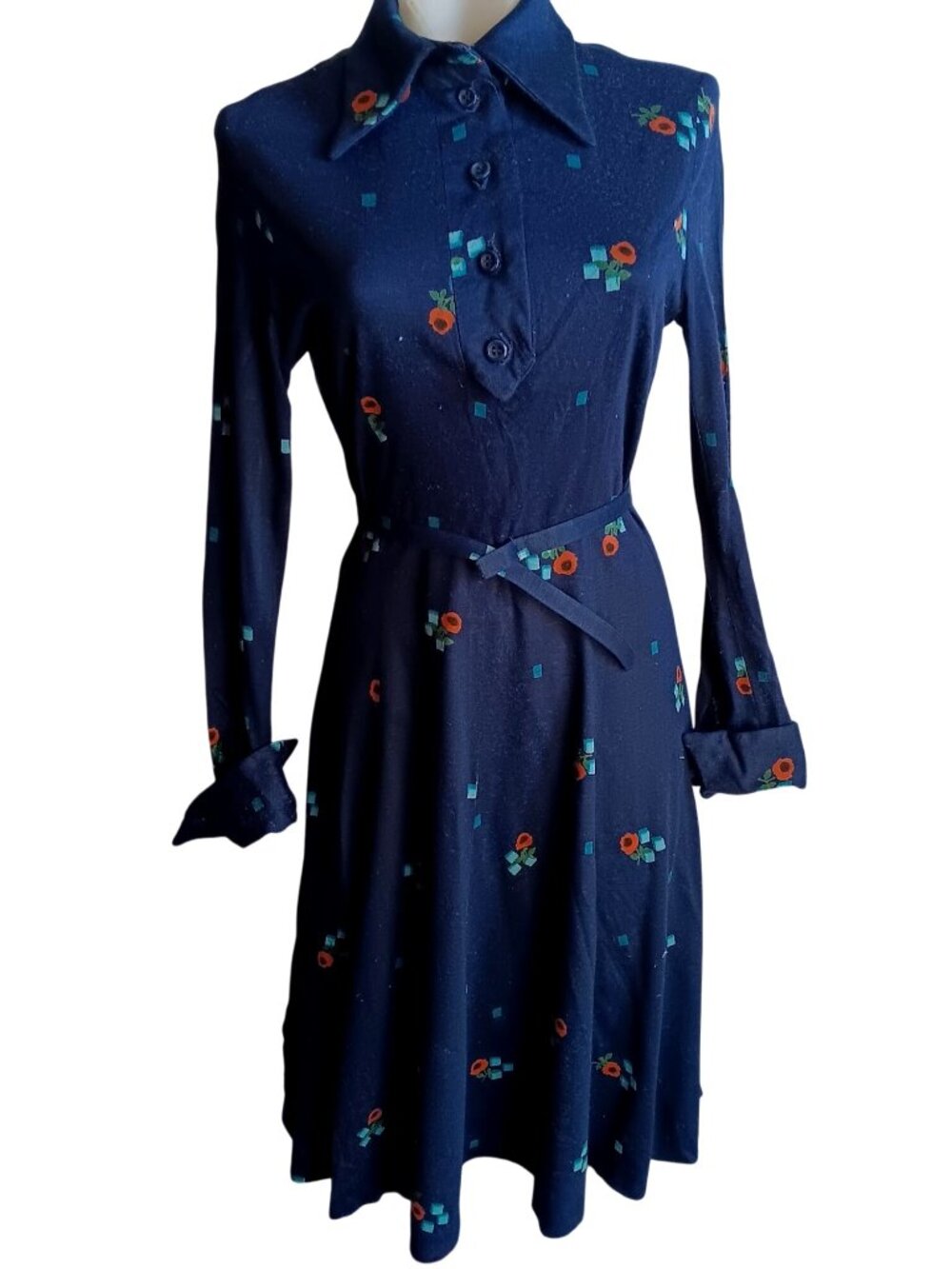 True Vintage Dress sz 8 David Crystal LaCoste 70's Disco Mod Knit Belted Boho